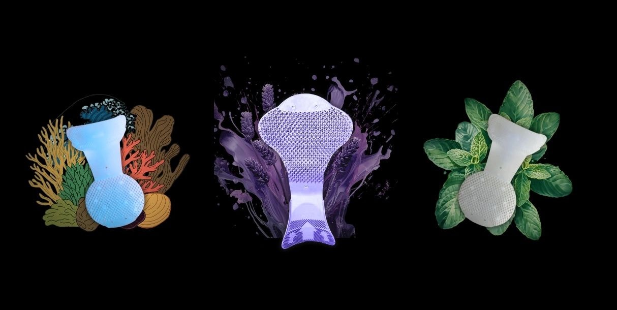 Three U-R-IN urinal screen product mockups with botanical elements