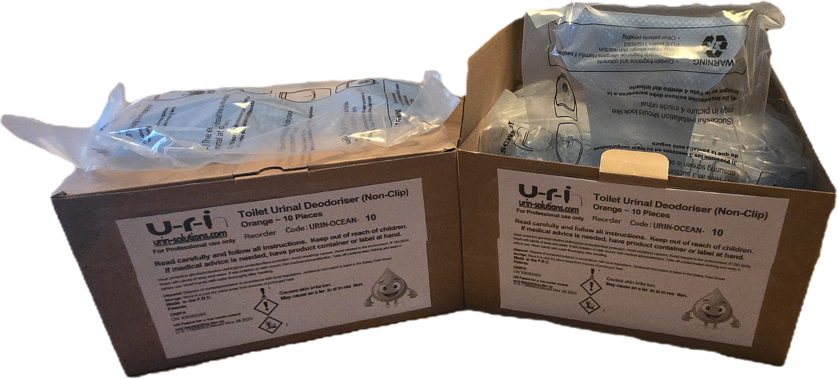 U-R-IN® urinal screens individually wrapped in packs of 10 — professional commercial packaging